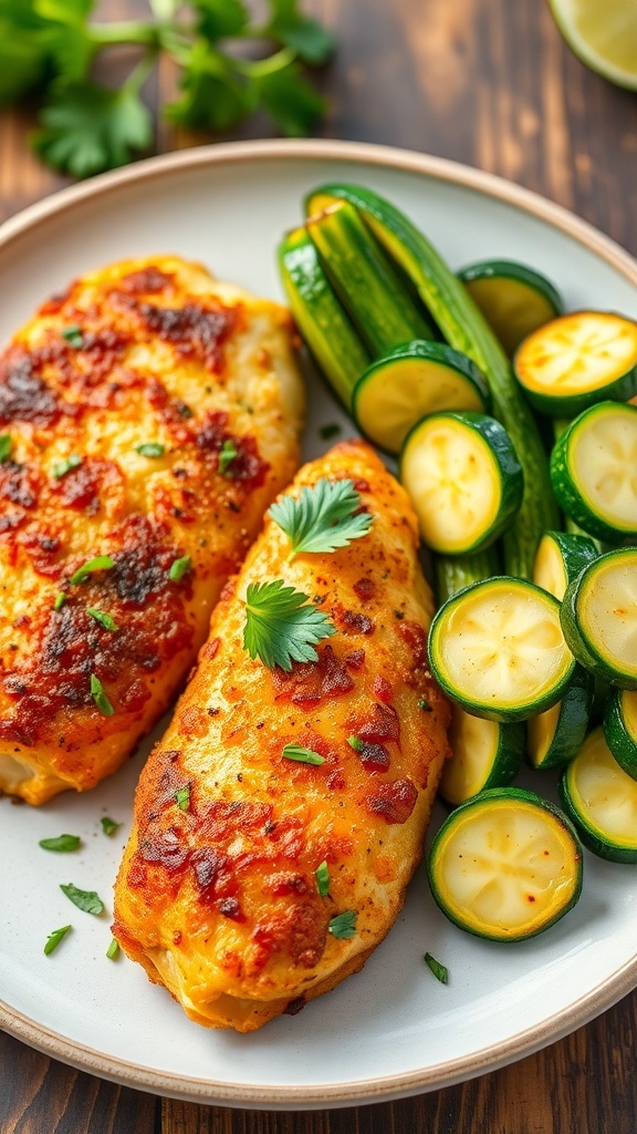 Crispy Air Fryer Chicken and Zucchini Recipe Crispy air fryer chicken and zucchini served on a plate, garnished with parsley.